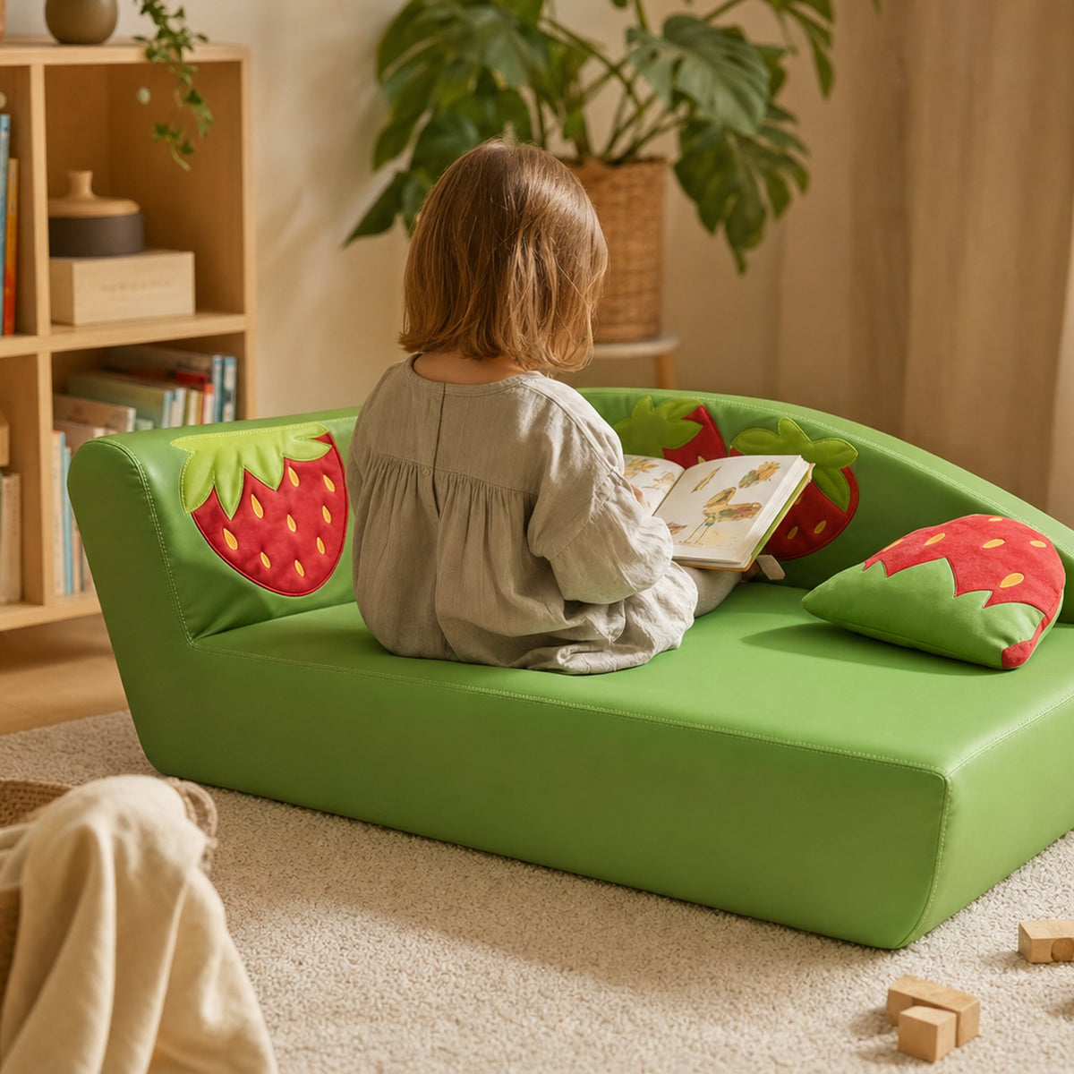 Kind liest auf dem Kindersofa Erdbeere