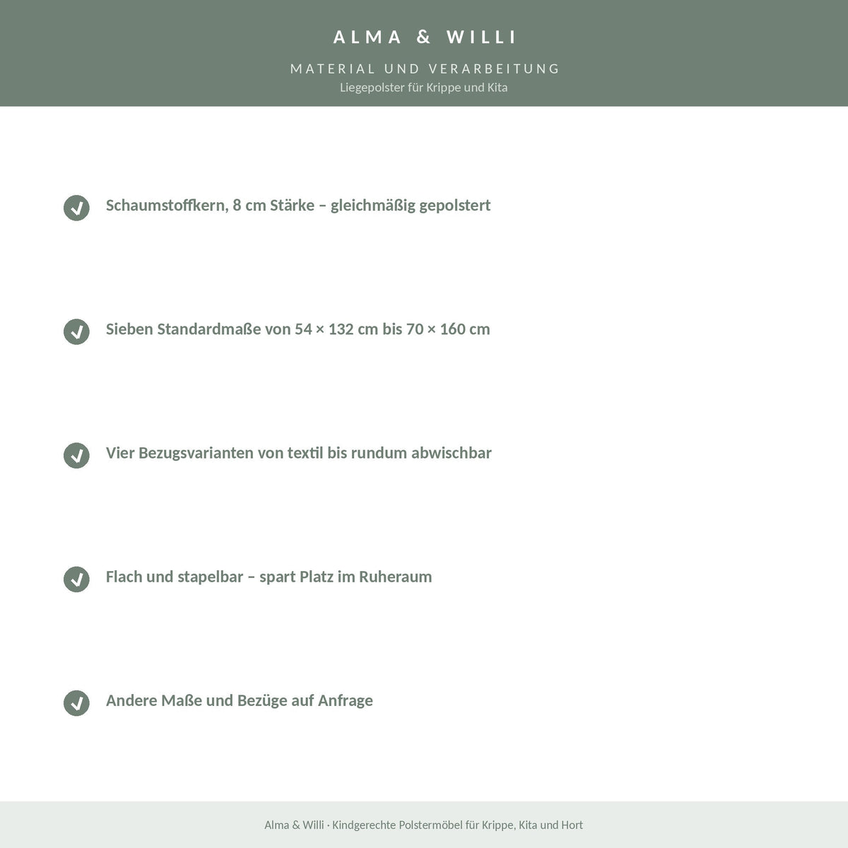 Alma & Willi Liegepolster für Krippe und Kita – Schaumstoffkern, 8 cm hoch – Material und Verarbeitung