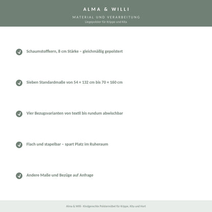Alma & Willi Liegepolster für Krippe und Kita – Schaumstoffkern, 8 cm hoch – Material und Verarbeitung