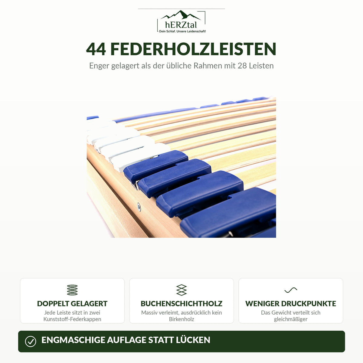 44 Federholzleisten aus Buchenschichtholz, doppelt gelagert in Kunststoff-Federkappen