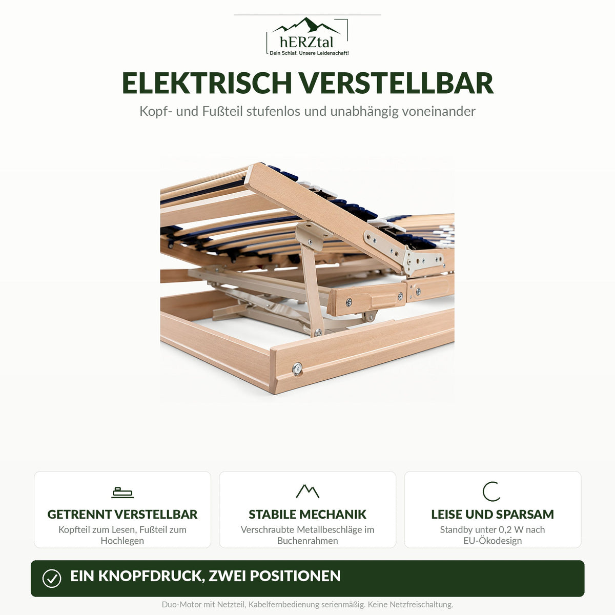 Elektrisch verstellbar – Kopf- und Fußteil stufenlos und getrennt