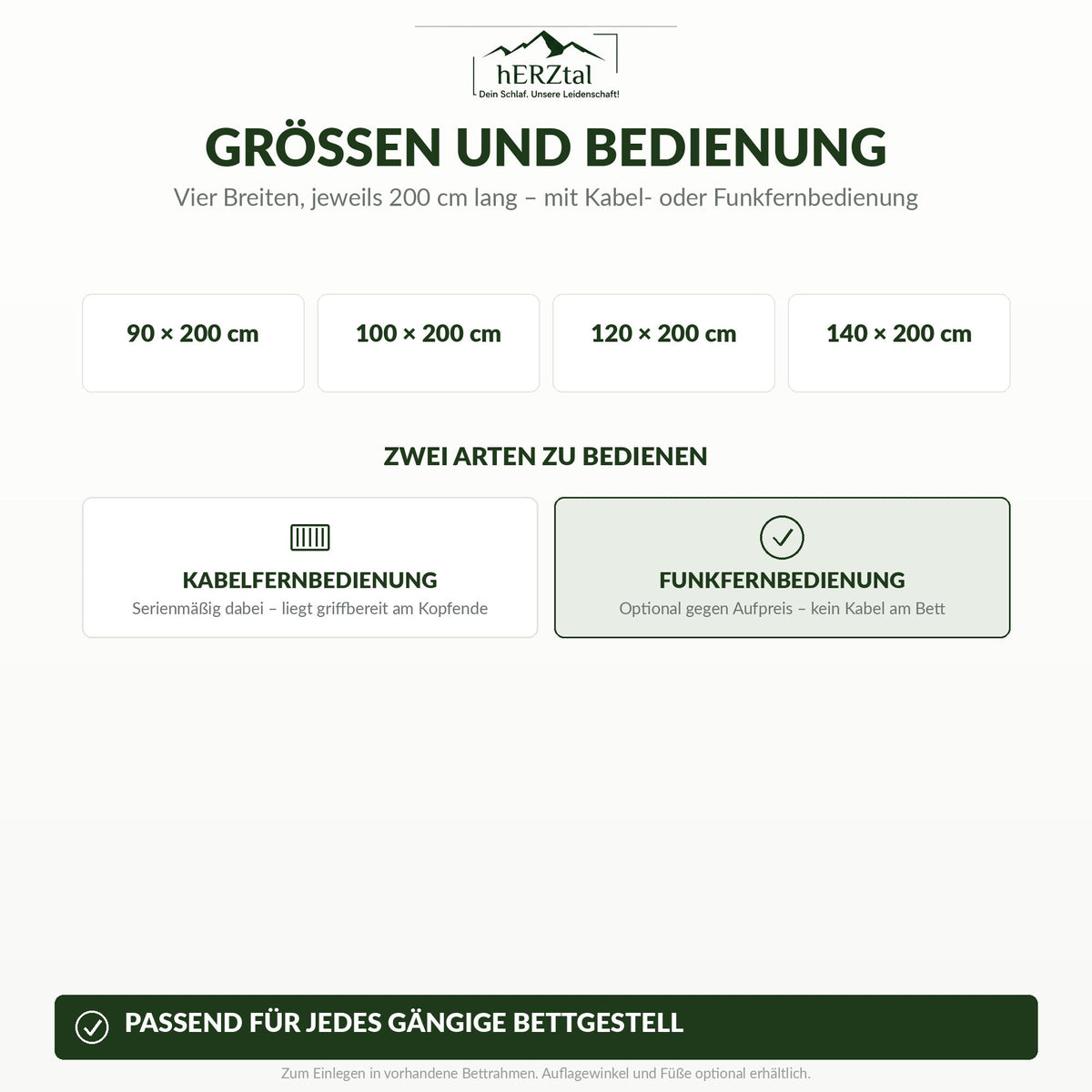 Größen 90, 100, 120 und 140 x 200 cm mit Kabel- oder Funkfernbedienung