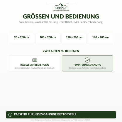 Größen 90, 100, 120 und 140 x 200 cm mit Kabel- oder Funkfernbedienung