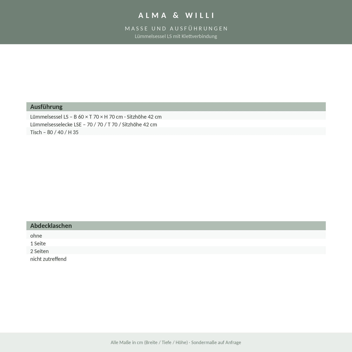 Alma & Willi Lümmelsessel LS mit Klettverbindung – Kunstleder Meditap PG 2 – Maße und Ausführungen