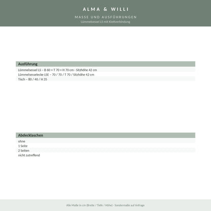 Alma & Willi Lümmelsessel LS mit Klettverbindung – Kunstleder Meditap PG 2 – Maße und Ausführungen