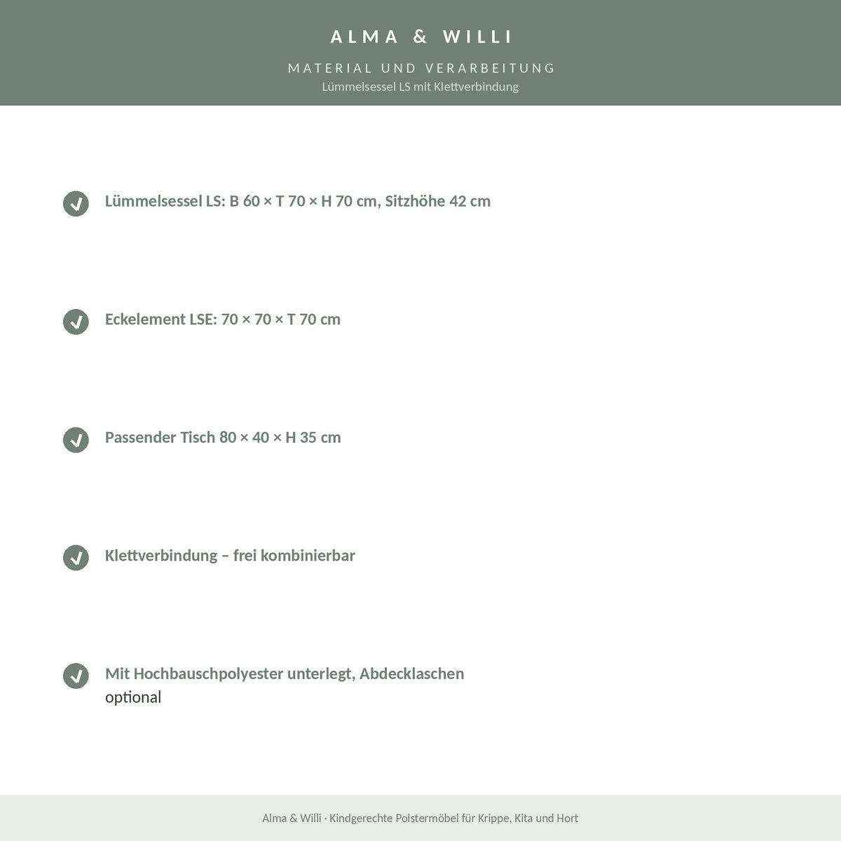 Alma & Willi Lümmelsessel LS mit Klettverbindung – Kunstleder Meditap PG 2 – Material und Verarbeitung