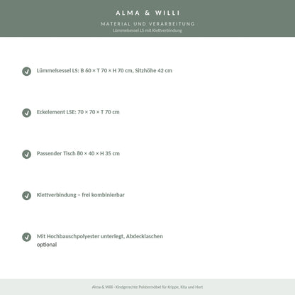 Alma & Willi Lümmelsessel LS mit Klettverbindung – Kunstleder Meditap PG 2 – Material und Verarbeitung