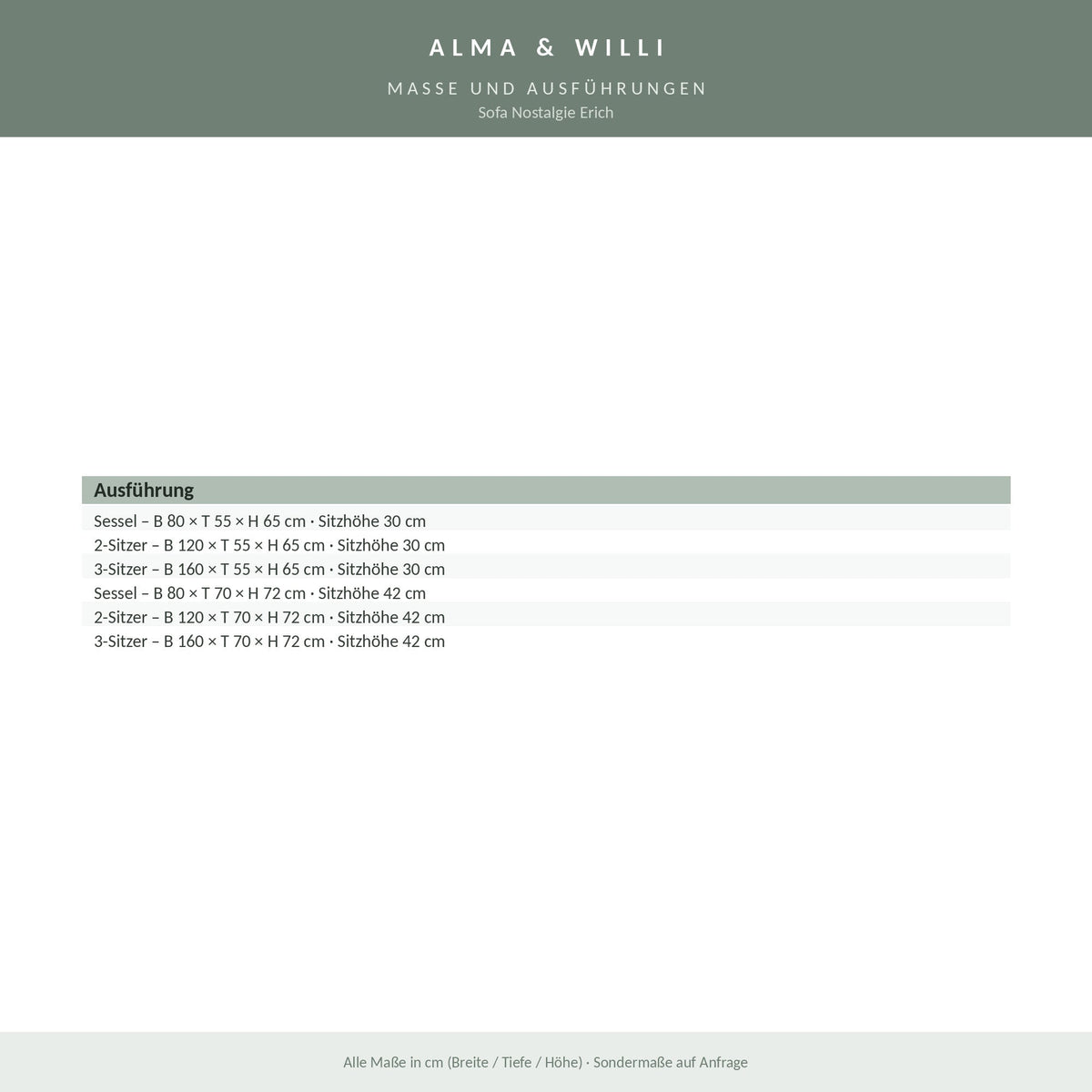 Alma & Willi Sofa Nostalgie Erich – Sessel, 2-Sitzer und 3-Sitzer in zwei Sitzhöhen – Maße und Ausführungen
