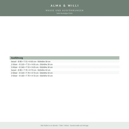Alma & Willi Sofa Nostalgie Erich – Sessel, 2-Sitzer und 3-Sitzer in zwei Sitzhöhen – Maße und Ausführungen