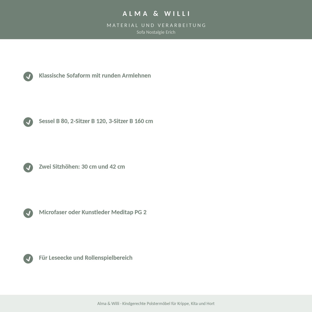 Alma & Willi Sofa Nostalgie Erich – Sessel, 2-Sitzer und 3-Sitzer in zwei Sitzhöhen – Material und Verarbeitung