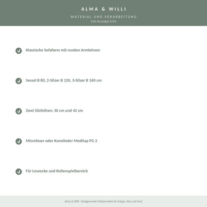 Alma & Willi Sofa Nostalgie Erich – Sessel, 2-Sitzer und 3-Sitzer in zwei Sitzhöhen – Material und Verarbeitung