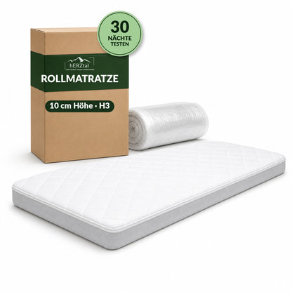 hERZtal Rebond 10 Rollmatratze – Hauptbild mit Karton und Rolle