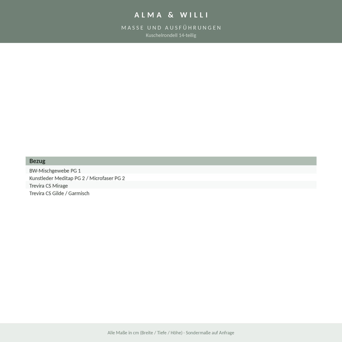 Alma & Willi Kuschelrondell 14-teilig – Ø 240 cm, 10 Sessel, 2 Hocker, 2 Halbrundtische – Maße und Ausführungen