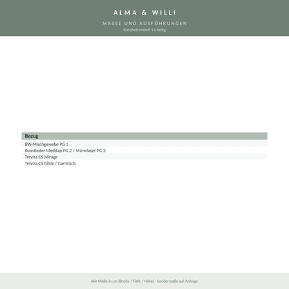Alma & Willi Kuschelrondell 14-teilig – Ø 240 cm, 10 Sessel, 2 Hocker, 2 Halbrundtische – Maße und Ausführungen