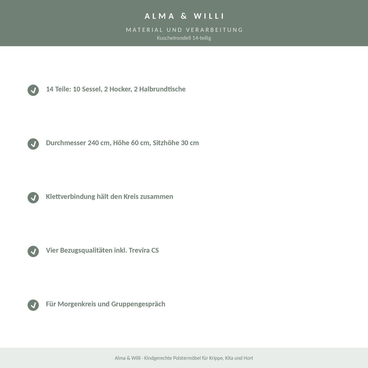 Alma & Willi Kuschelrondell 14-teilig – Ø 240 cm, 10 Sessel, 2 Hocker, 2 Halbrundtische – Material und Verarbeitung