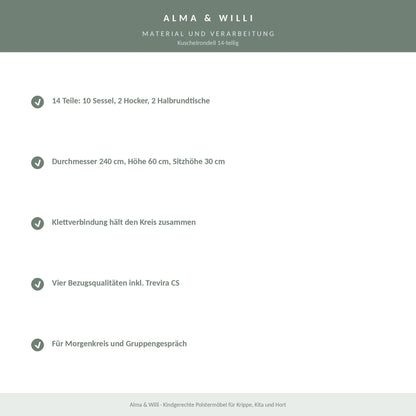 Alma & Willi Kuschelrondell 14-teilig – Ø 240 cm, 10 Sessel, 2 Hocker, 2 Halbrundtische – Material und Verarbeitung