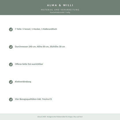 Alma & Willi Kuschelhalbrondell 7-teilig – Ø 240 cm, 5 Sessel, Hocker und Halbrundtisch – Material und Verarbeitung
