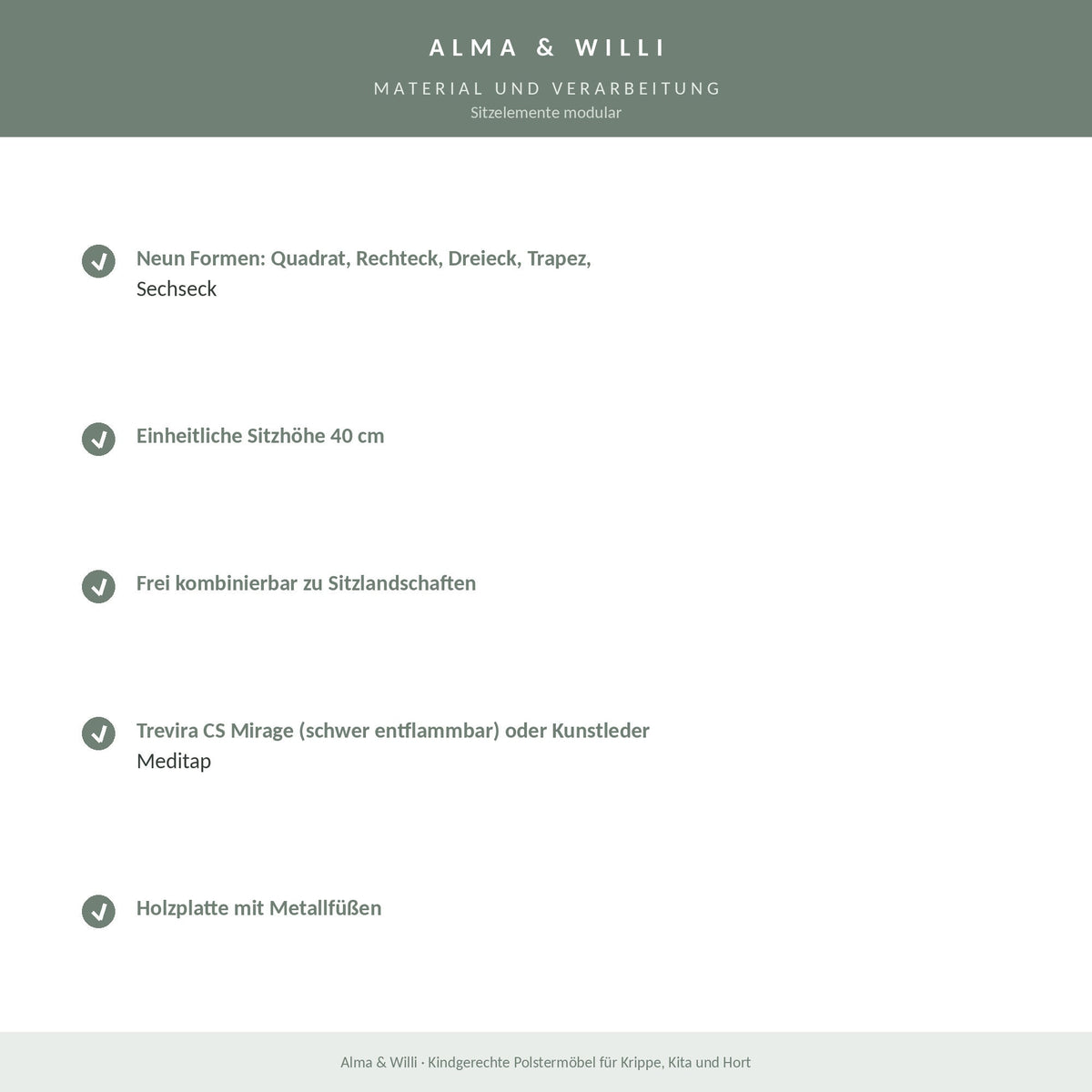 Alma & Willi Sitzelemente modular – neun Formen von Quadrat bis Sechseck, Sitzhöhe 40 cm – Material und Verarbeitung