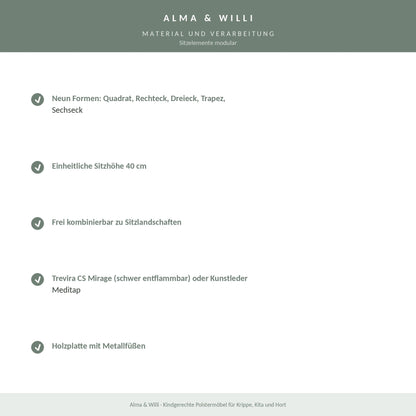 Alma & Willi Sitzelemente modular – neun Formen von Quadrat bis Sechseck, Sitzhöhe 40 cm – Material und Verarbeitung
