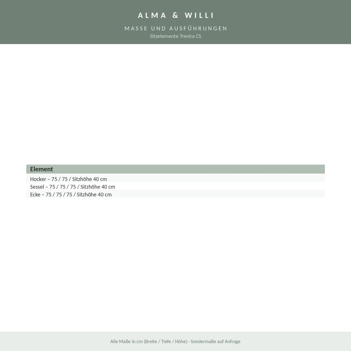 Alma & Willi Sitzelemente Trevira CS – Hocker, Sessel und Ecke, schwer entflammbar – Maße und Ausführungen