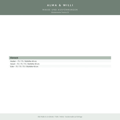 Alma & Willi Sitzelemente Trevira CS – Hocker, Sessel und Ecke, schwer entflammbar – Maße und Ausführungen