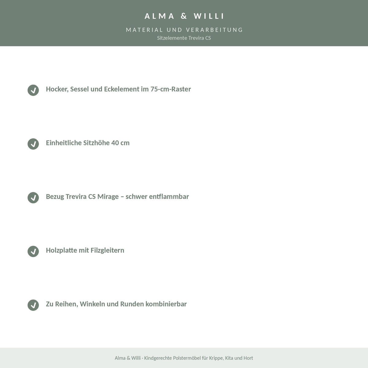 Alma & Willi Sitzelemente Trevira CS – Hocker, Sessel und Ecke, schwer entflammbar – Material und Verarbeitung
