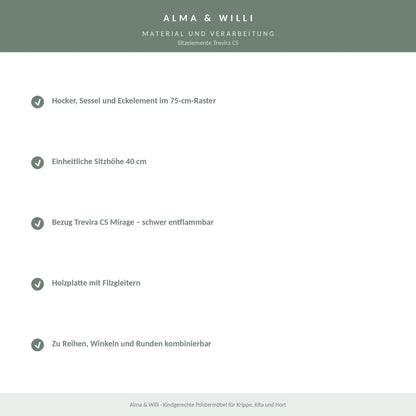 Alma & Willi Sitzelemente Trevira CS – Hocker, Sessel und Ecke, schwer entflammbar – Material und Verarbeitung