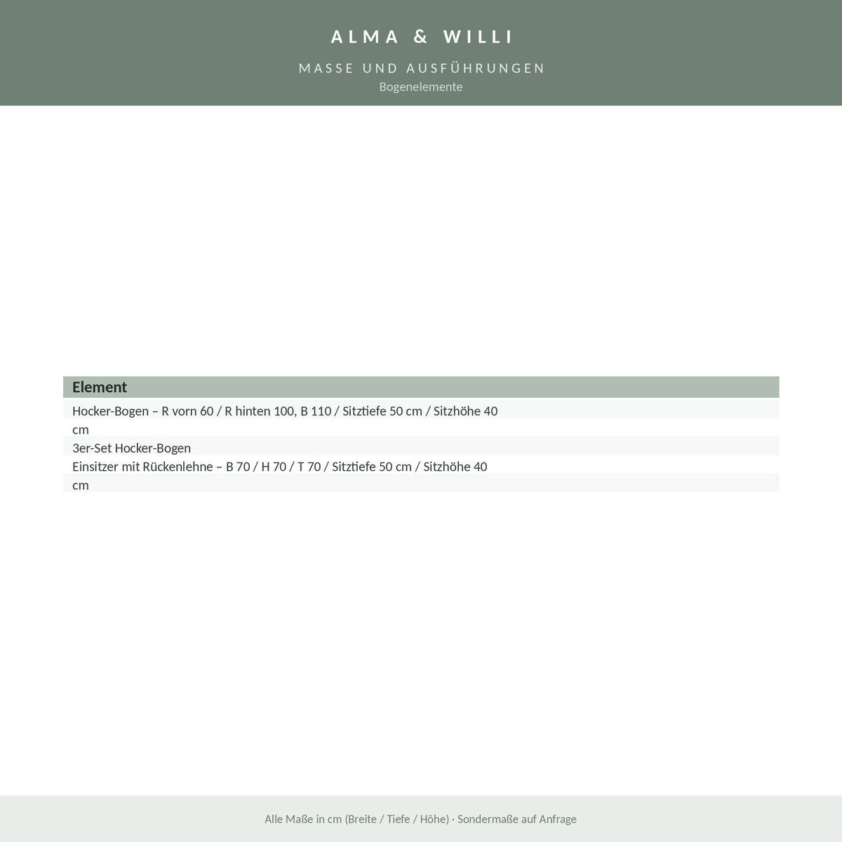 Alma & Willi Bogenelemente – Hocker-Bogen und Einsitzer mit Rückenlehne – Maße und Ausführungen