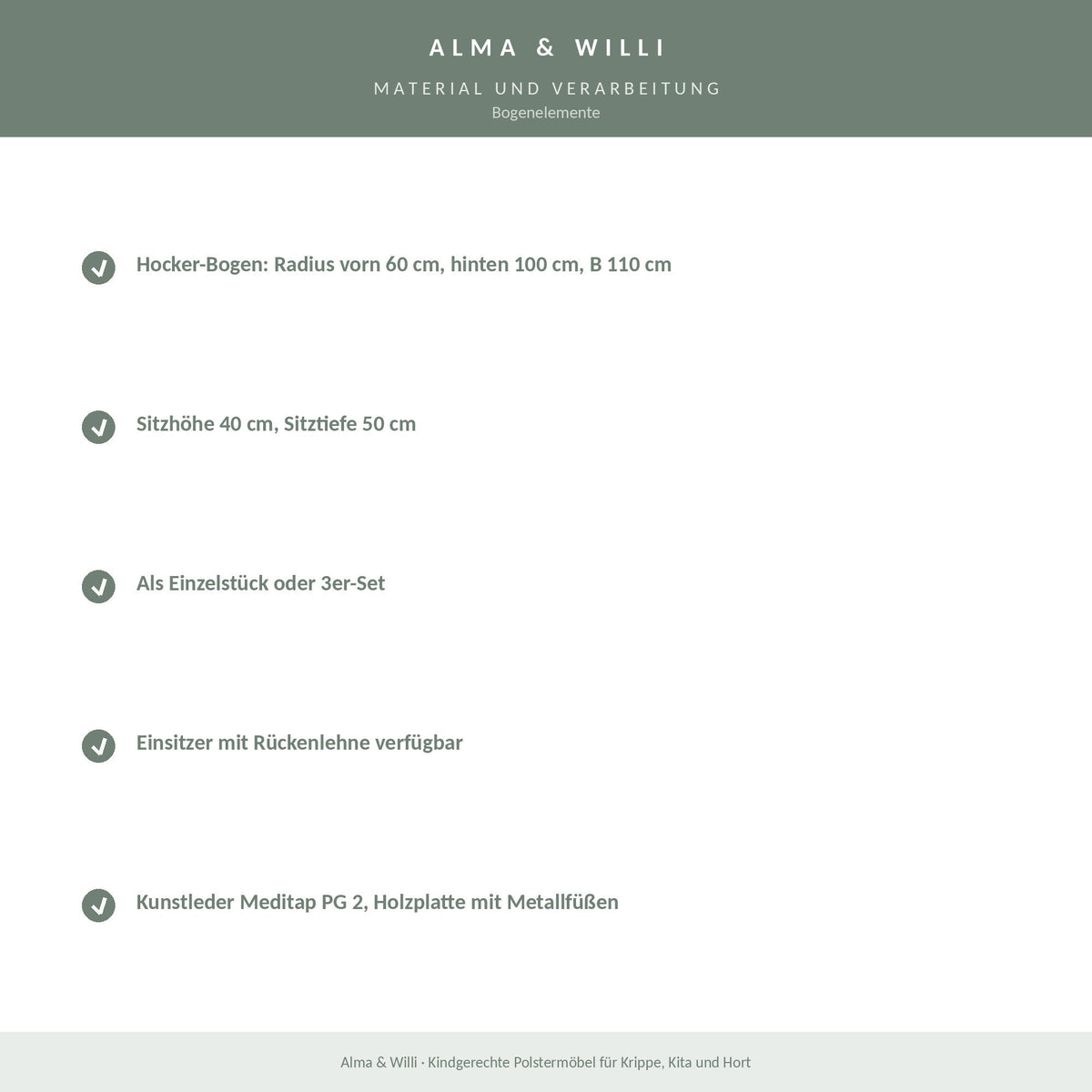 Alma & Willi Bogenelemente – Hocker-Bogen und Einsitzer mit Rückenlehne – Material und Verarbeitung