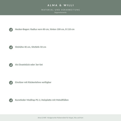 Alma & Willi Bogenelemente – Hocker-Bogen und Einsitzer mit Rückenlehne – Material und Verarbeitung