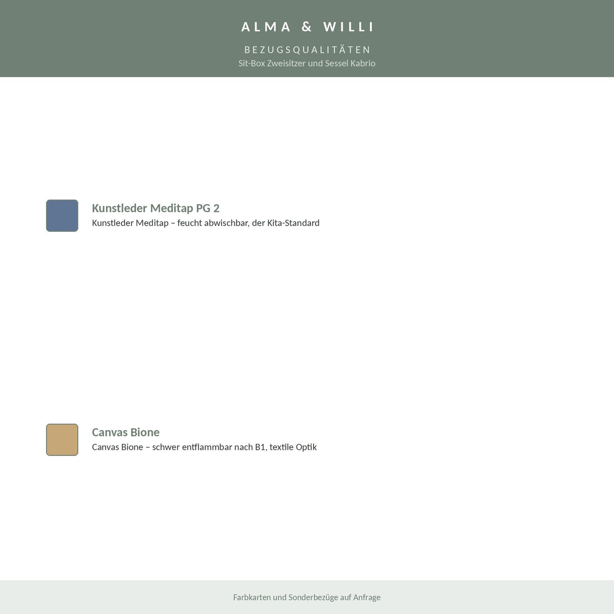 Alma & Willi Sit-Box Zweisitzer und Sessel Kabrio – mit losem Sitzpolster – Bezugsqualitäten