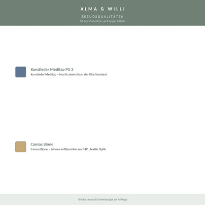 Alma & Willi Sit-Box Zweisitzer und Sessel Kabrio – mit losem Sitzpolster – Bezugsqualitäten