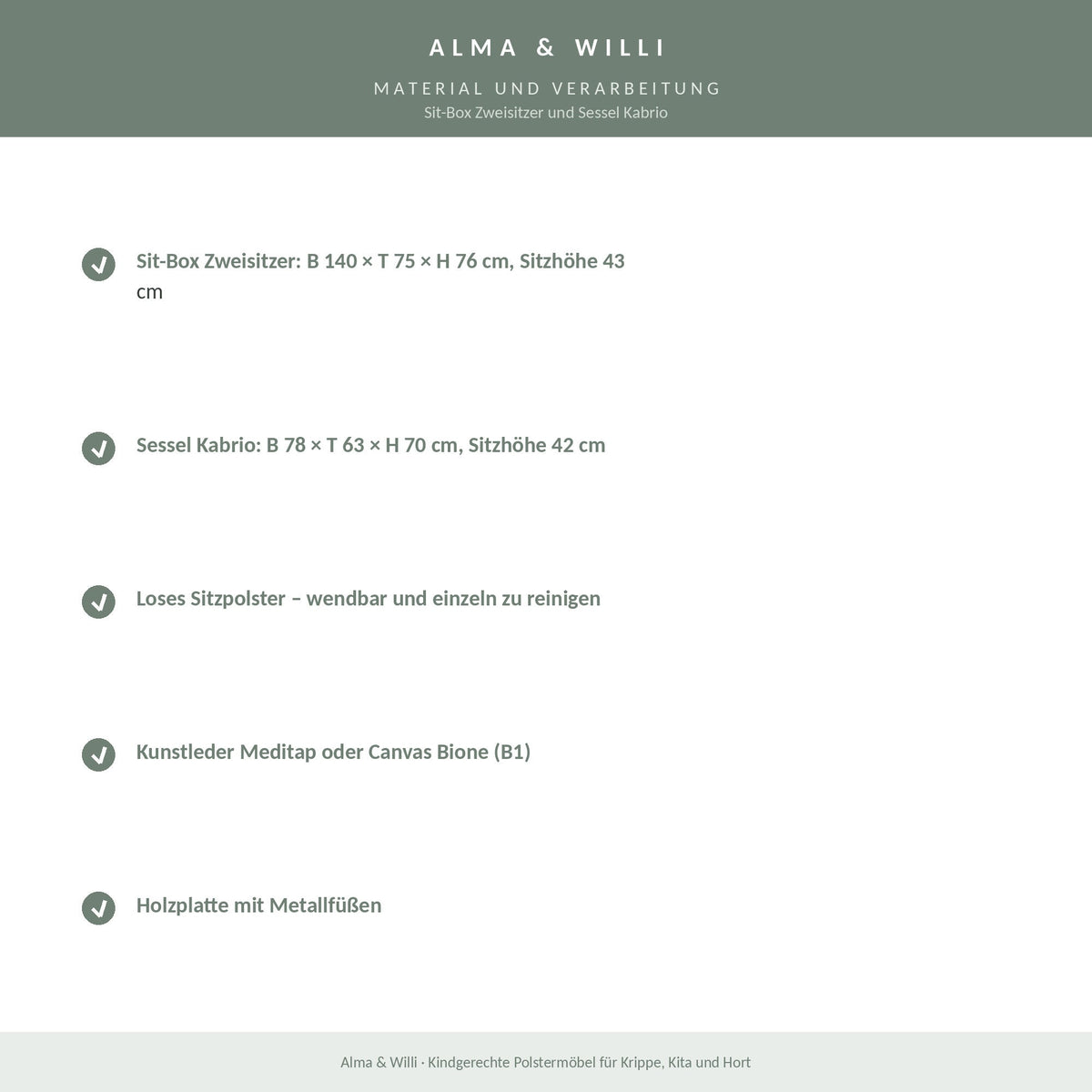 Alma & Willi Sit-Box Zweisitzer und Sessel Kabrio – mit losem Sitzpolster – Material und Verarbeitung