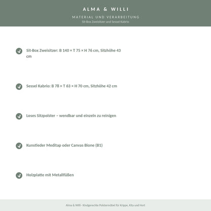 Alma & Willi Sit-Box Zweisitzer und Sessel Kabrio – mit losem Sitzpolster – Material und Verarbeitung