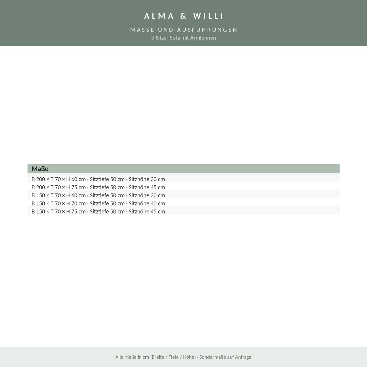 Alma & Willi 3-Sitzer-Sofa mit Armlehnen – Kunstleder Meditap, fünf Maße – Maße und Ausführungen