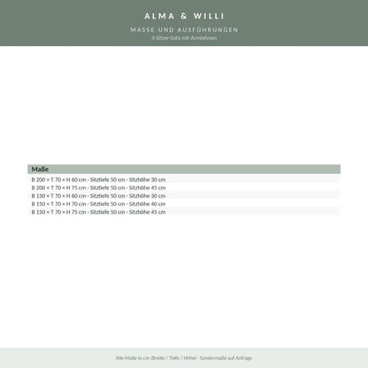 Alma & Willi 3-Sitzer-Sofa mit Armlehnen – Kunstleder Meditap, fünf Maße – Maße und Ausführungen