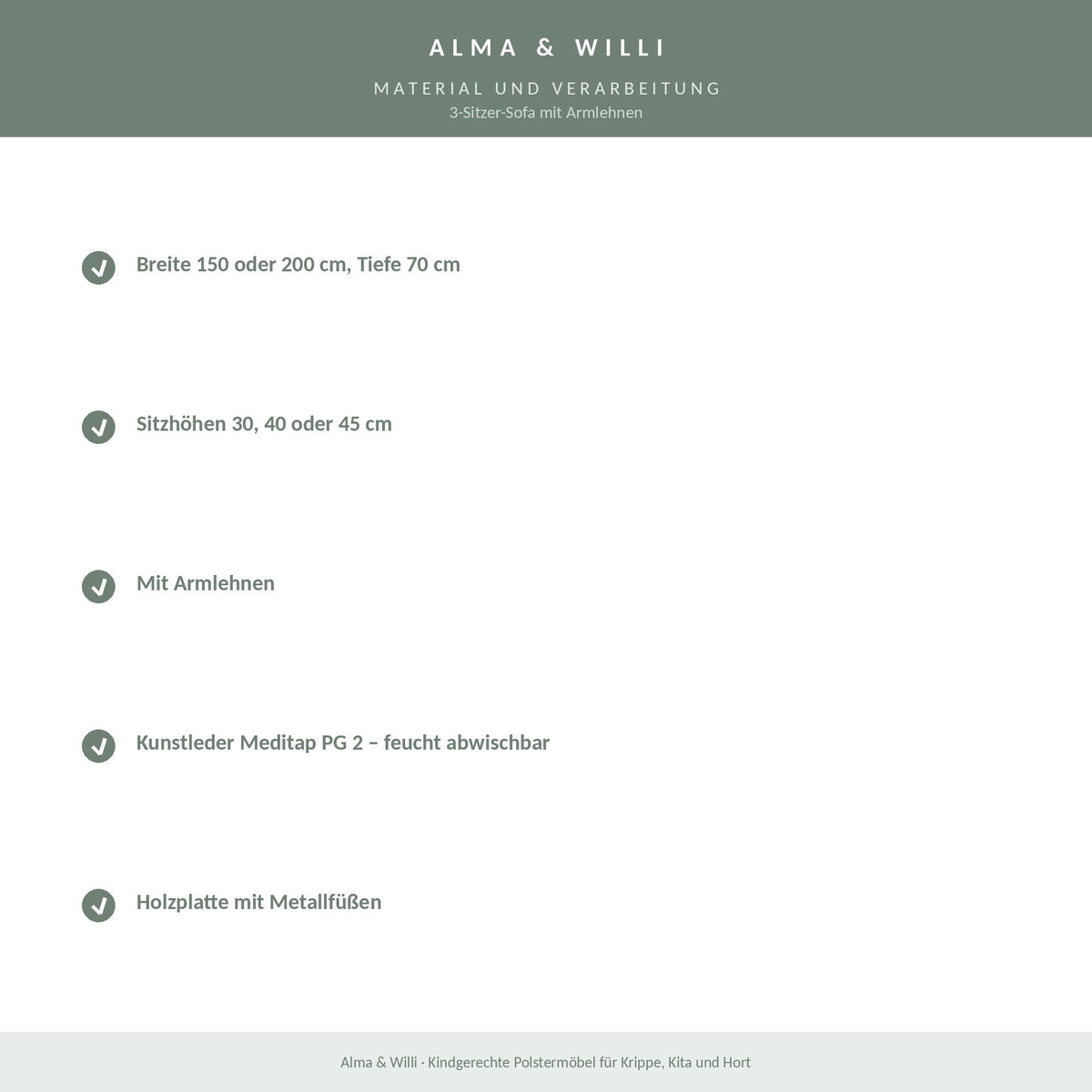 Alma & Willi 3-Sitzer-Sofa mit Armlehnen – Kunstleder Meditap, fünf Maße – Material und Verarbeitung