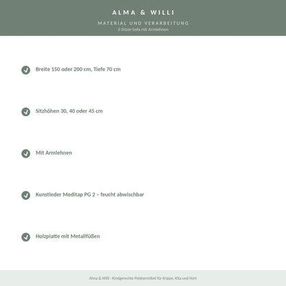 Alma & Willi 3-Sitzer-Sofa mit Armlehnen – Kunstleder Meditap, fünf Maße – Material und Verarbeitung
