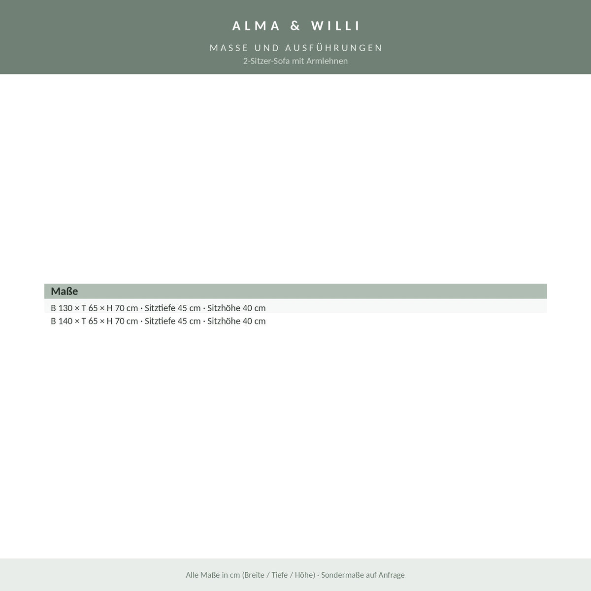 Alma & Willi 2-Sitzer-Sofa mit Armlehnen – Kunstleder Meditap, B 130 / 140 cm – Maße und Ausführungen