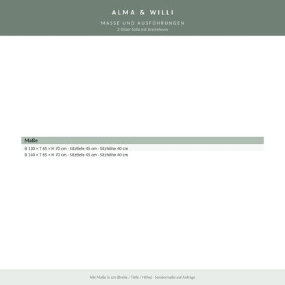 Alma & Willi 2-Sitzer-Sofa mit Armlehnen – Kunstleder Meditap, B 130 / 140 cm – Maße und Ausführungen