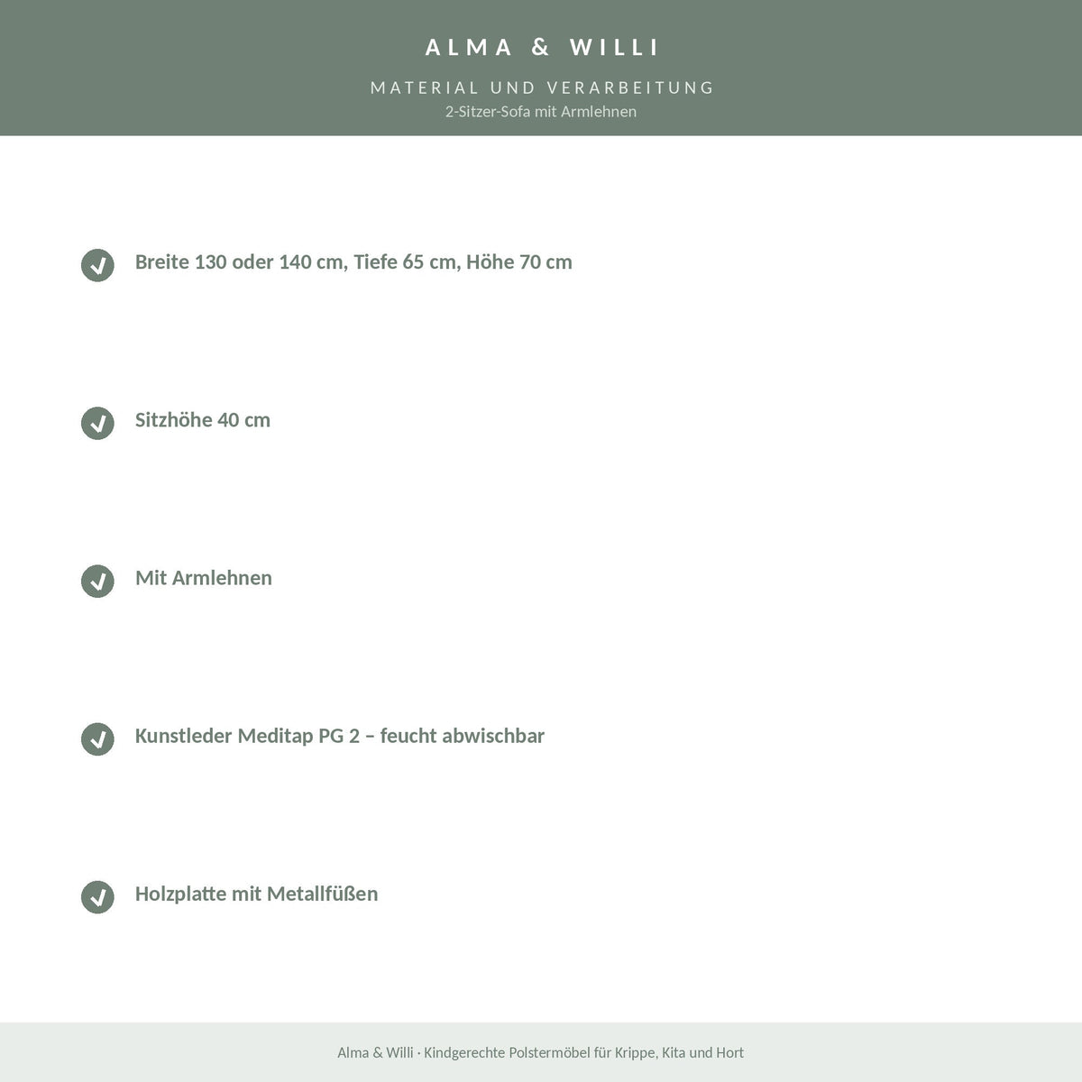 Alma & Willi 2-Sitzer-Sofa mit Armlehnen – Kunstleder Meditap, B 130 / 140 cm – Material und Verarbeitung