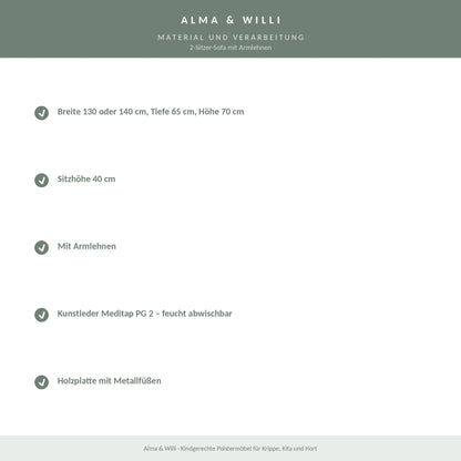 Alma & Willi 2-Sitzer-Sofa mit Armlehnen – Kunstleder Meditap, B 130 / 140 cm – Material und Verarbeitung