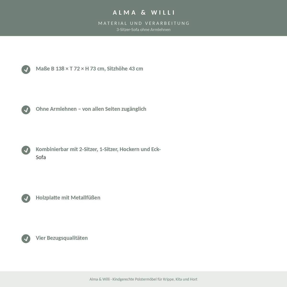 Alma & Willi 3-Sitzer-Sofa ohne Armlehnen – B 138 cm, Sitzhöhe 43 cm – Material und Verarbeitung