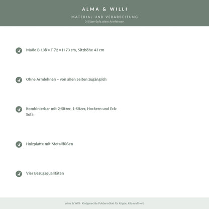 Alma & Willi 3-Sitzer-Sofa ohne Armlehnen – B 138 cm, Sitzhöhe 43 cm – Material und Verarbeitung