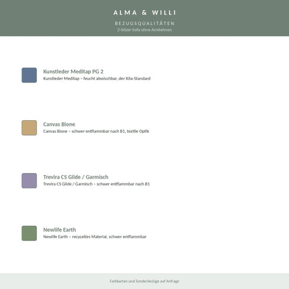 Alma & Willi 2-Sitzer-Sofa ohne Armlehnen – B 104 cm, Sitzhöhe 43 cm – Bezugsqualitäten