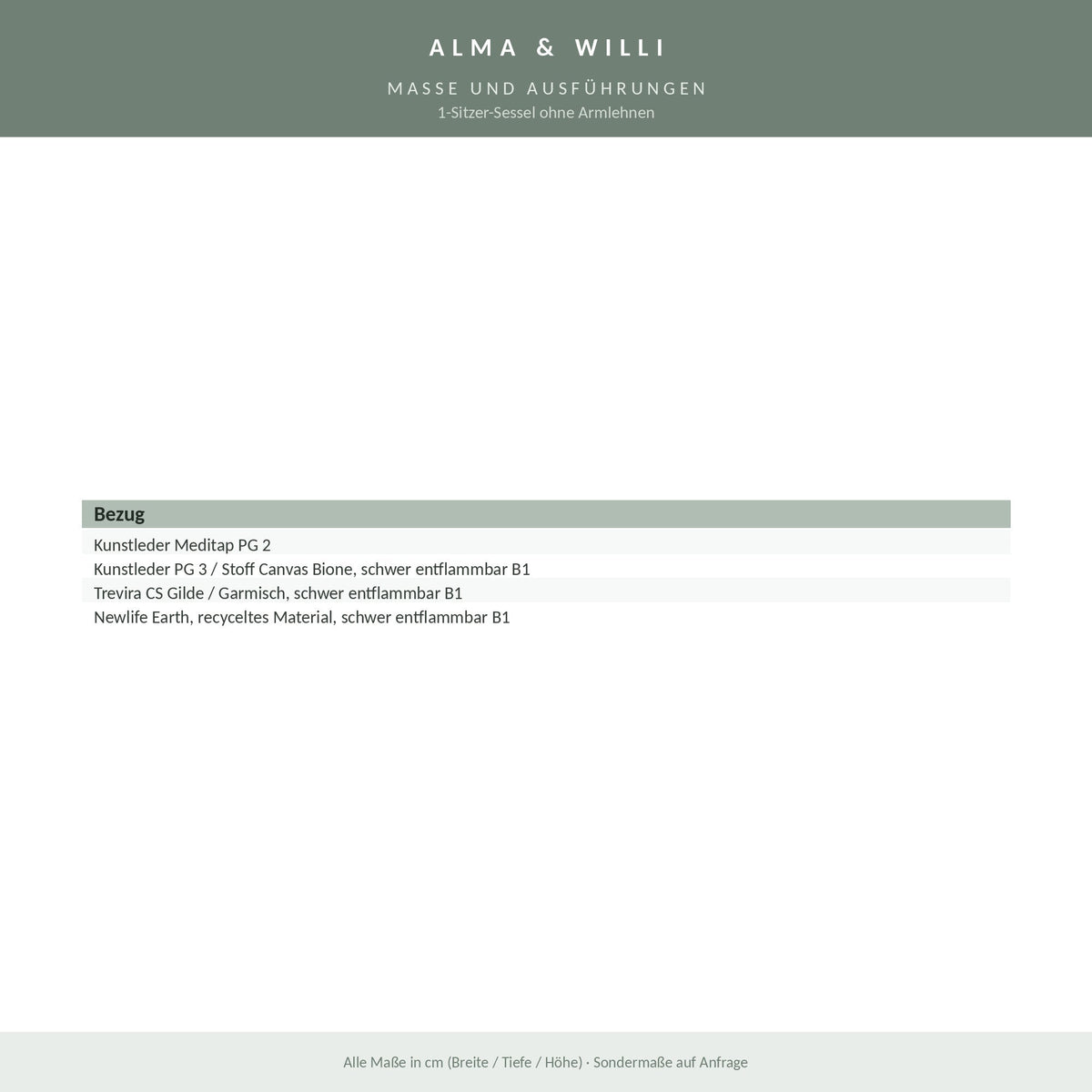 Alma & Willi 1-Sitzer-Sessel ohne Armlehnen – B 70 cm, Sitzhöhe 43 cm – Maße und Ausführungen