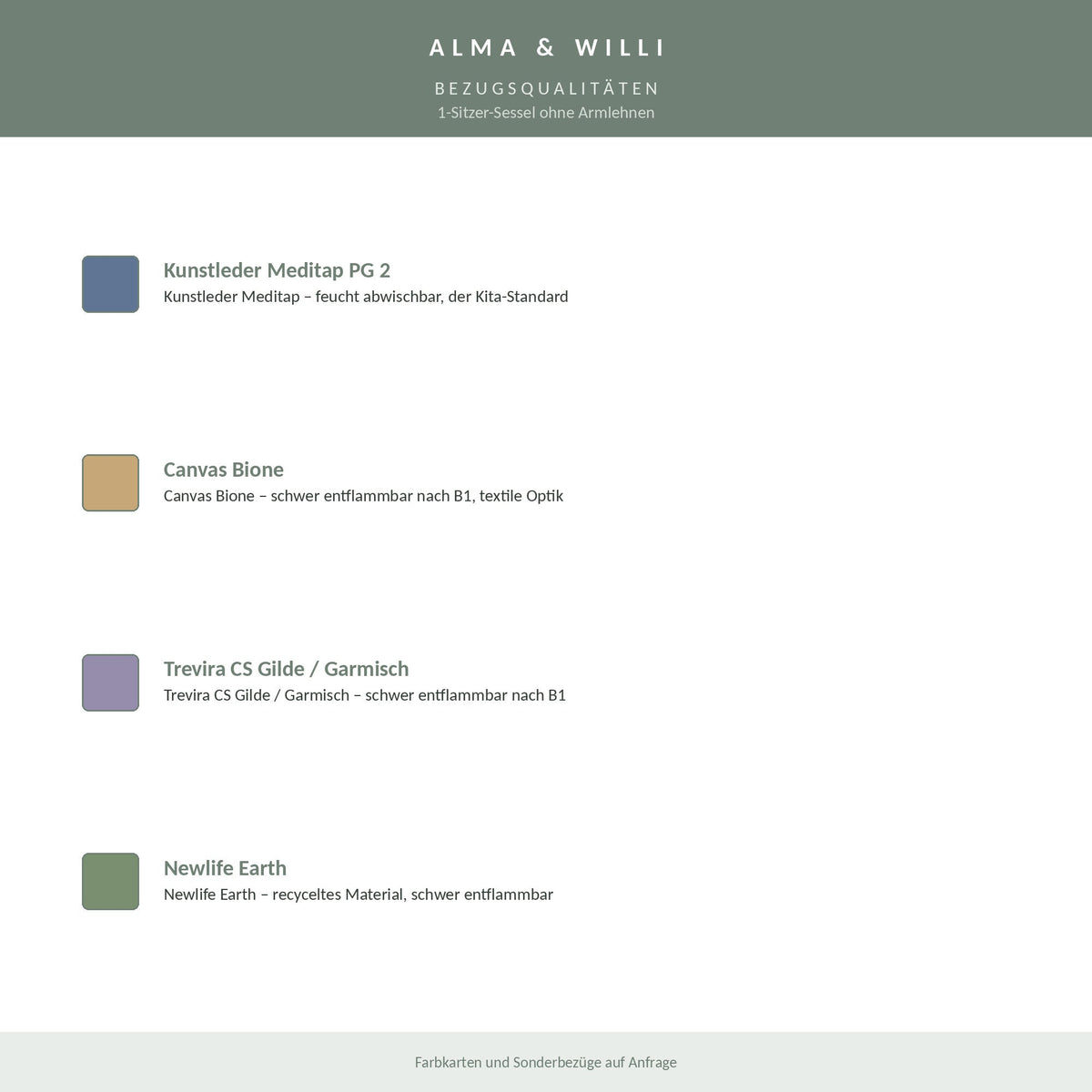 Alma & Willi 1-Sitzer-Sessel ohne Armlehnen – B 70 cm, Sitzhöhe 43 cm – Bezugsqualitäten