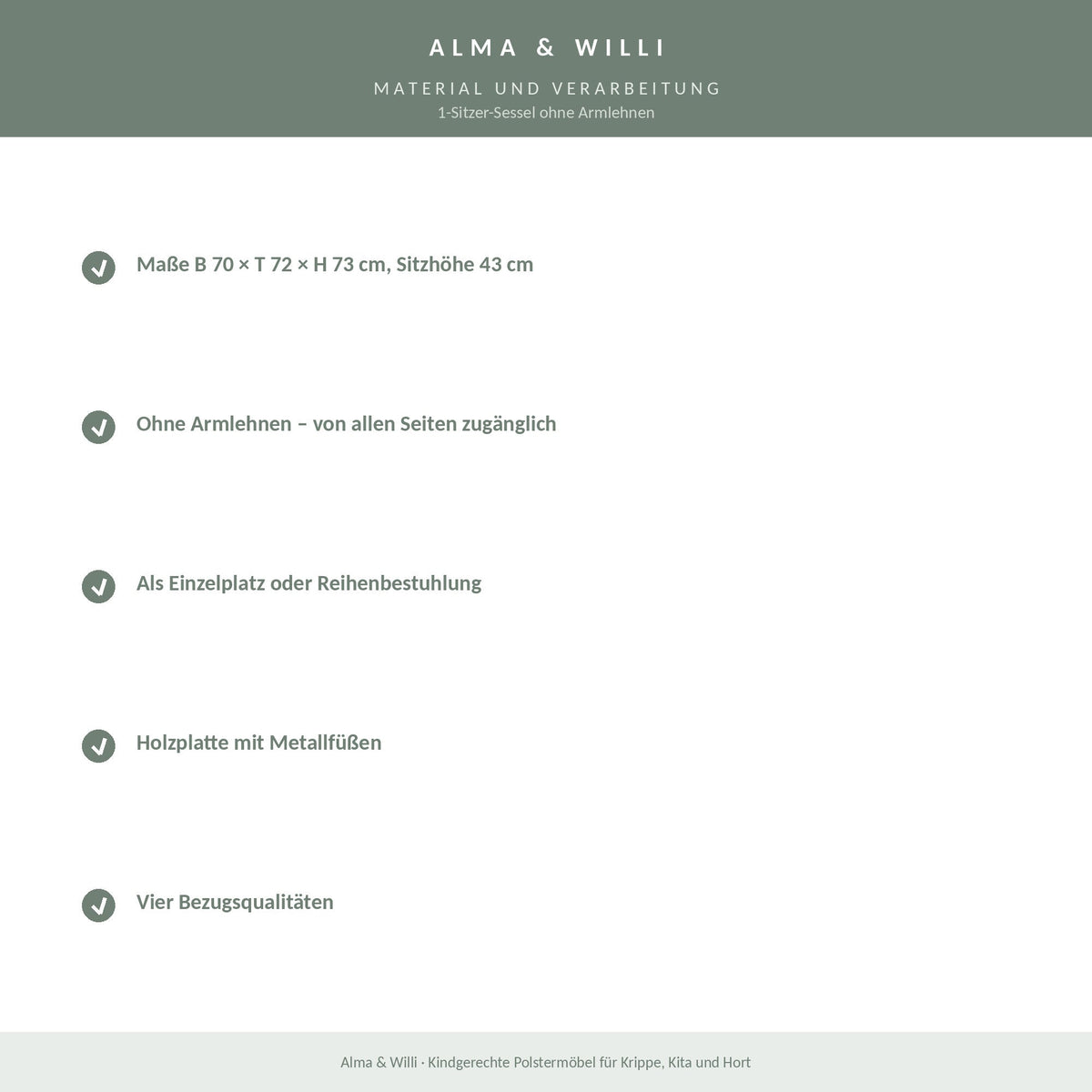 Alma & Willi 1-Sitzer-Sessel ohne Armlehnen – B 70 cm, Sitzhöhe 43 cm – Material und Verarbeitung