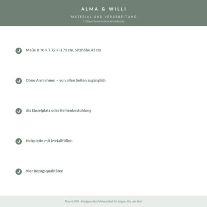Alma & Willi 1-Sitzer-Sessel ohne Armlehnen – B 70 cm, Sitzhöhe 43 cm – Material und Verarbeitung