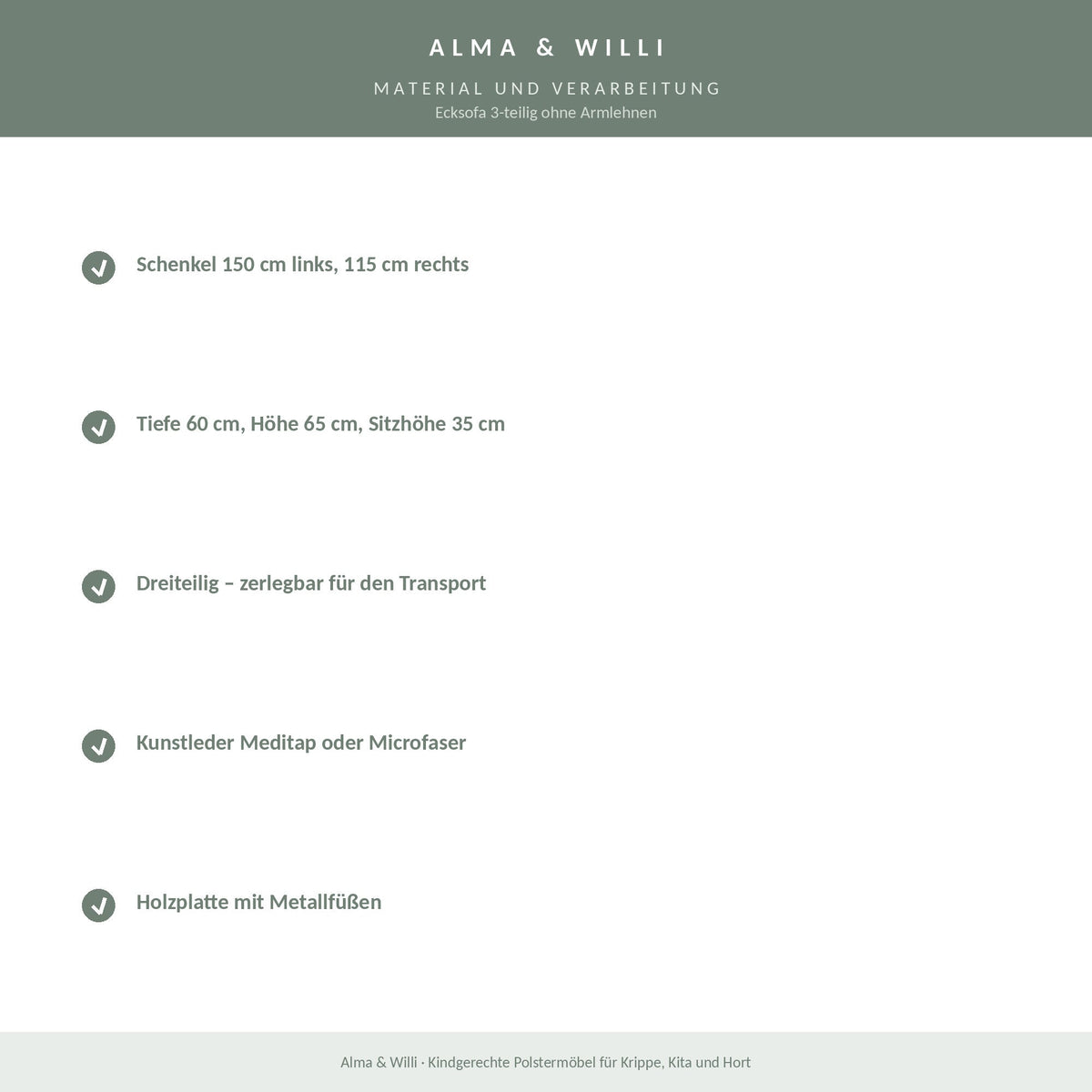 Alma & Willi Ecksofa 3-teilig ohne Armlehnen – Kunstleder oder Microfaser – Material und Verarbeitung